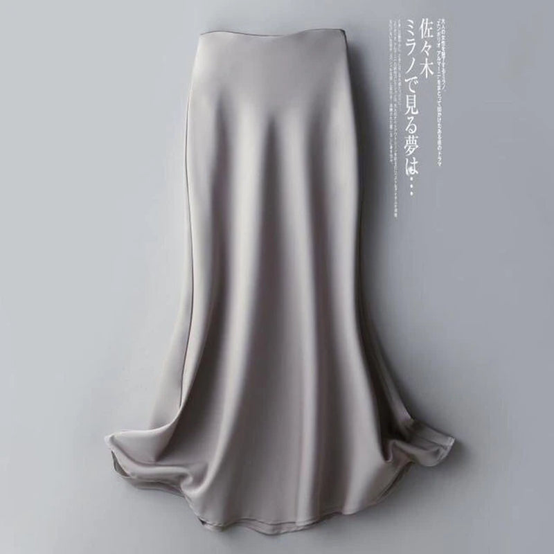 Silk Midi Skirts Womens Korean Style Satin Office Lady Simple Elegant Loose Long Black Skirts Women