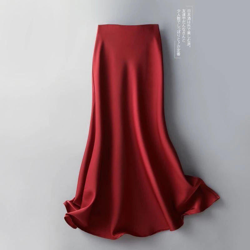 Silk Midi Skirts Womens Korean Style Satin Office Lady Simple Elegant Loose Long Black Skirts Women