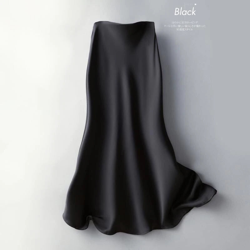 Silk Midi Skirts Womens Korean Style Satin Office Lady Simple Elegant Loose Long Black Skirts Women