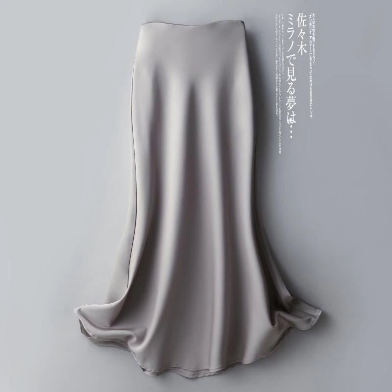 Silk Midi Skirts Womens Korean Style Satin Office Lady Simple Elegant Loose Long Black Skirts Women