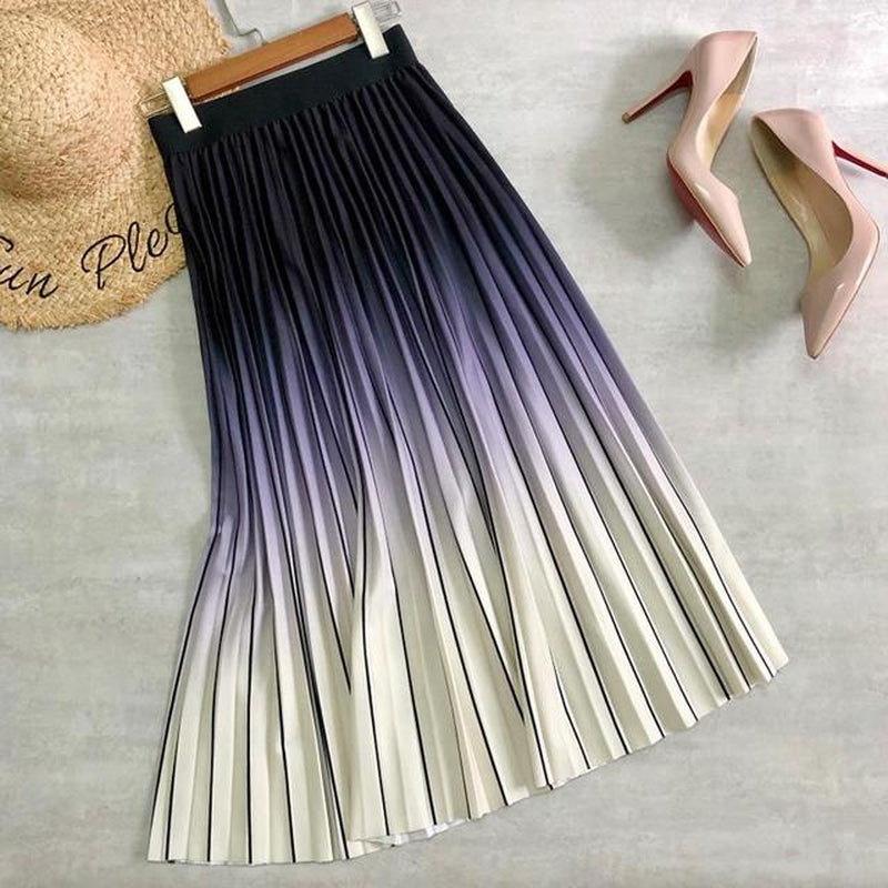 2021 New Women Fashion Long Midi Skirt VD1953 Gradient Color Korean Casual Style Pleated Skirts Y2K