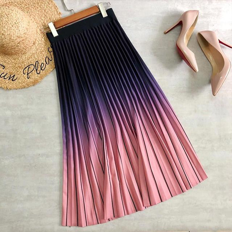 2021 New Women Fashion Long Midi Skirt VD1953 Gradient Color Korean Casual Style Pleated Skirts Y2K