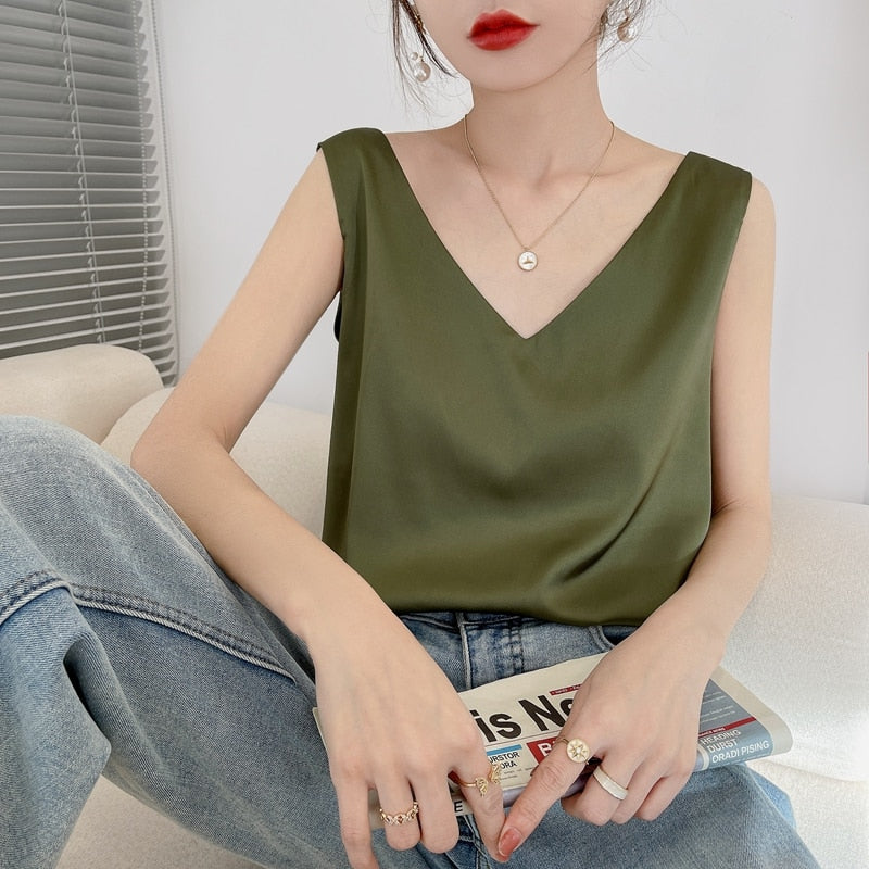 Ladies Silk Suspenders Solid Satin Vest Spring Autumn 2022 New Wild Pullover Tops Women Interior Front/Rear V-Neck Summer Thin