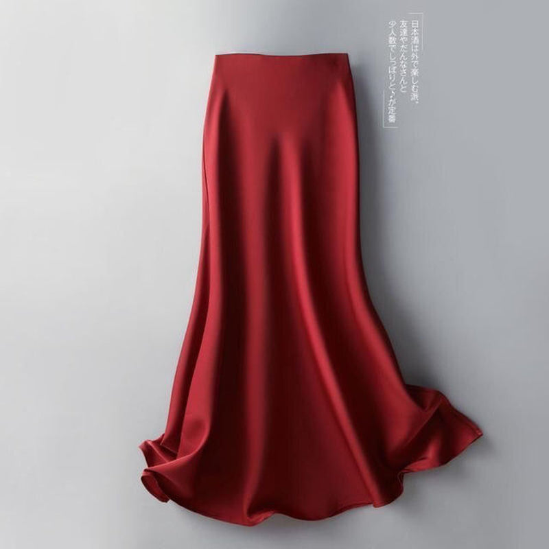  Silk Midi Skirts Womens Korean Style Satin Office Lady Simple Elegant Loose Long Black Skirts Women