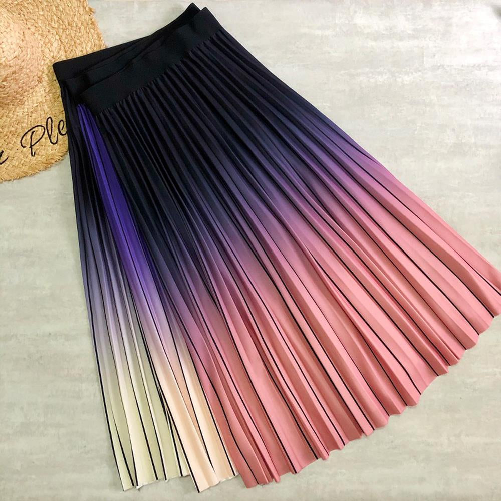 2021 New Women Fashion Long Midi Skirt VD1953 Gradient Color Korean Casual Style Pleated Skirts Y2K