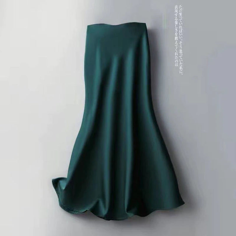  Silk Midi Skirts Womens Korean Style Satin Office Lady Simple Elegant Loose Long Black Skirts Women