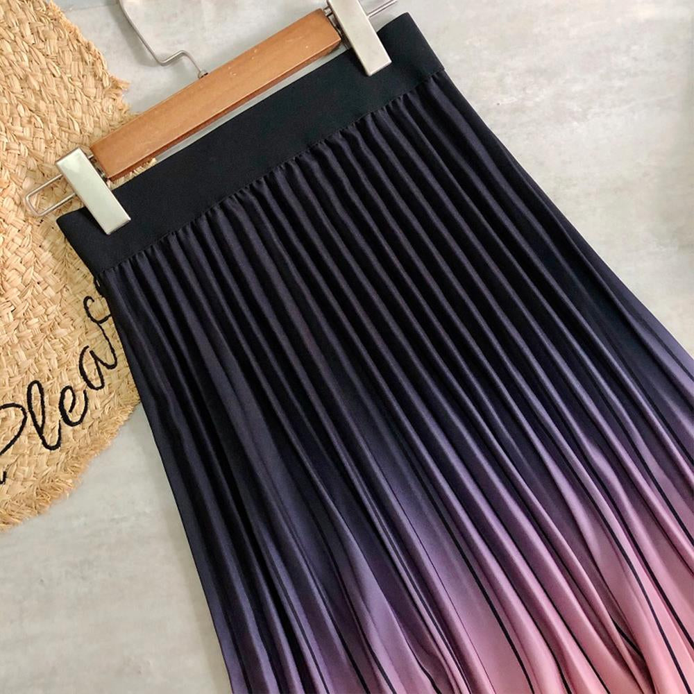 2021 New Women Fashion Long Midi Skirt VD1953 Gradient Color Korean Casual Style Pleated Skirts Y2K