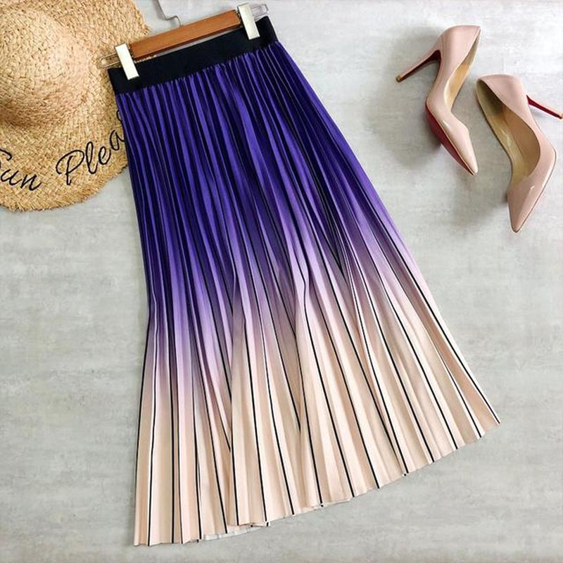 2021 New Women Fashion Long Midi Skirt VD1953 Gradient Color Korean Casual Style Pleated Skirts Y2K