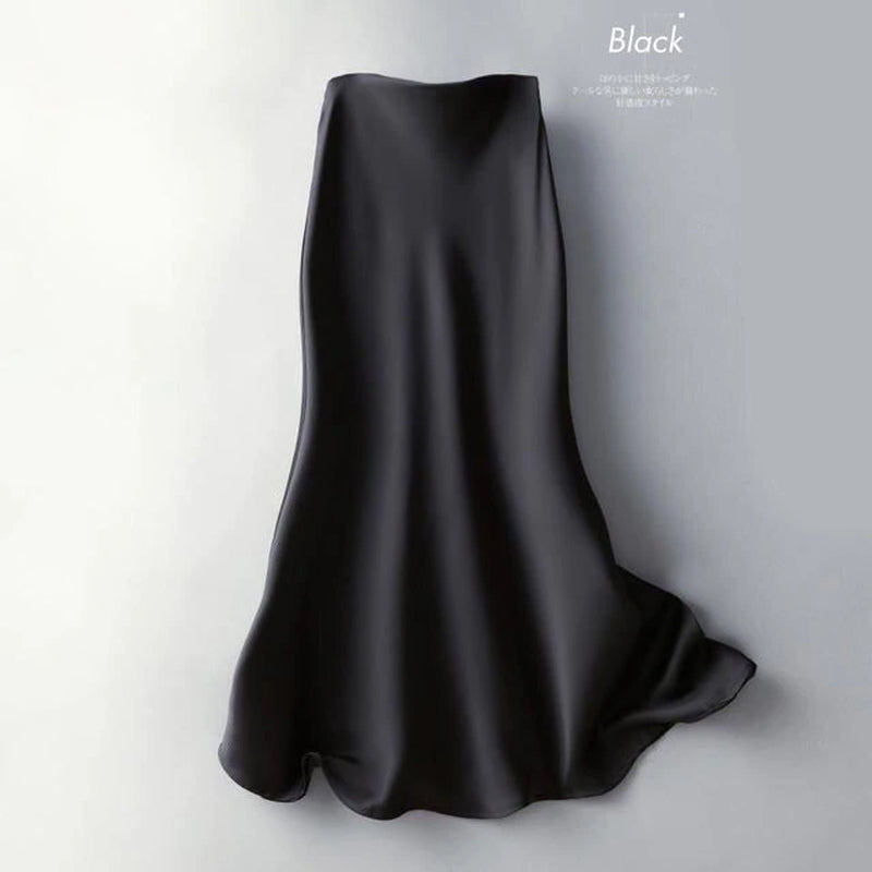  Silk Midi Skirts Womens Korean Style Satin Office Lady Simple Elegant Loose Long Black Skirts Women